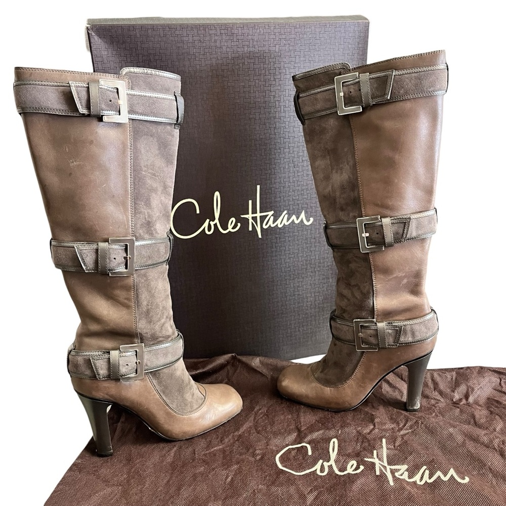 Cole Haan Yolanda Air Boots Size 7 Brown Leather Suede Buckle Knee‎ Heels Box